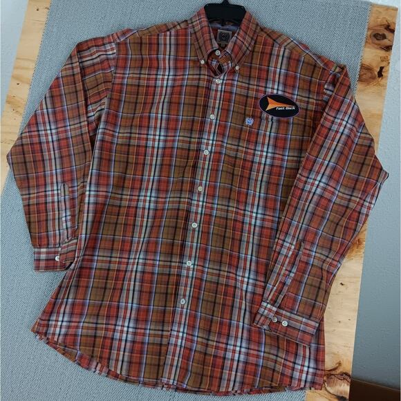 Cinch Fast Back Ropes Shirt Mens Large Red Plaid Pressed Patched Western Rodeo - Picture 3 of 11